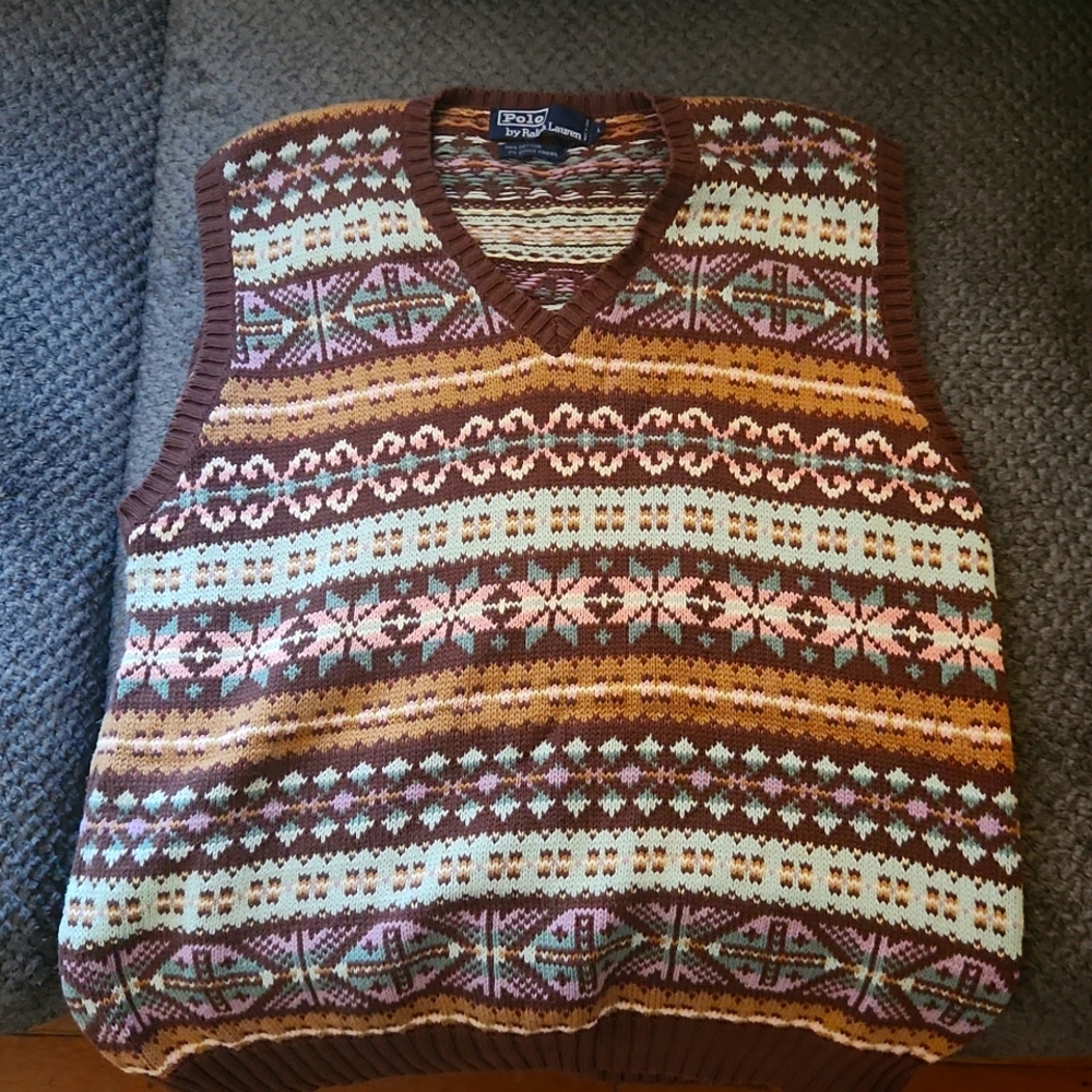 Ralph Lauren, Large, Brown, V-Neck Vested Sweater.